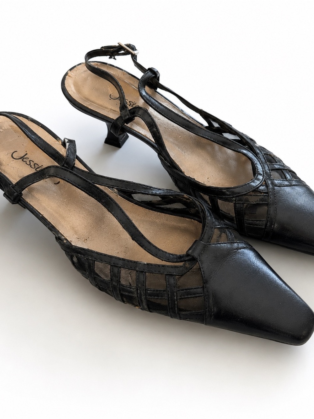 Jessica Black Slingback Mesh-Panel Kitten Heels